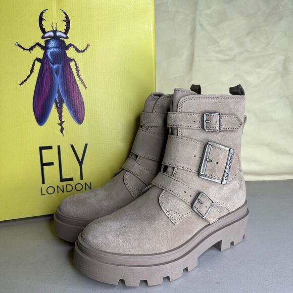 Fly London Jeda817fly Suede Leather Buckled Lug Boots Cream Women 35/4.5 NWB - Picture 1 of 12